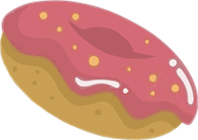 En illustreret donut med en lyserød glasur og farverige strøssel på toppen.