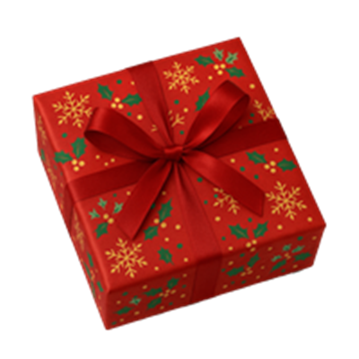 En smukt indpakket gave i rødt papir med guld og grønne dekorationer.