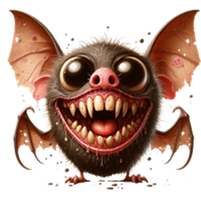 En farverig og karikeret flagermus med store øjne og et bredt smil, der viser sine skarpe tænder.