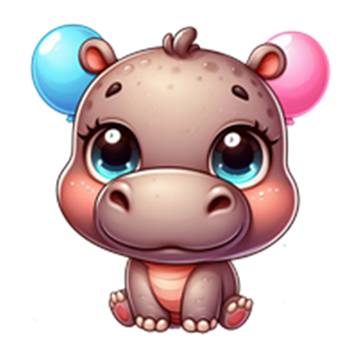 Et charmerende og nuttet flodhestebarn med store øjne og farverige ører, der ligner balloner.