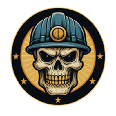 Et stiliseret billede af et dødningehoved iført en minerhjelm, omgivet af stjerner.