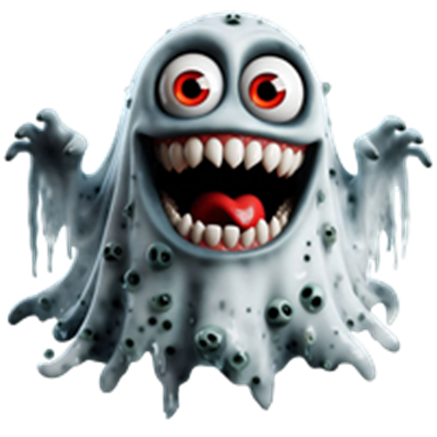 Et farverigt og venligt spøgelse med store øjne og et stort smil.