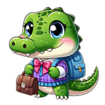 En farverig og sød krokodille i skoleuniform med en rygsæk og en taske.