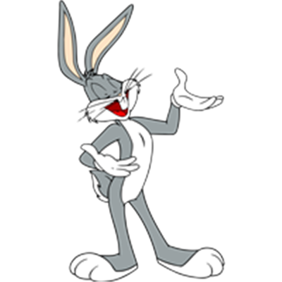 En grå kanin med lange ører og et smilende ansigt, der gestikulerer.