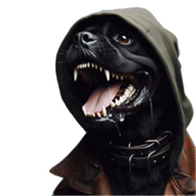 Et billede af en hund med en hoodie og et truende udtryk, der viser tænder.