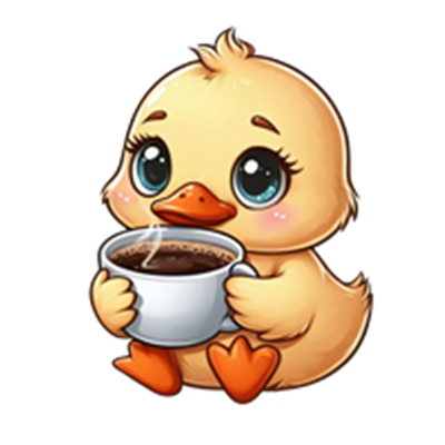 En sød, cartoon-agtig ælling, der holder en kop kaffe med store, udtryksfulde øjne.