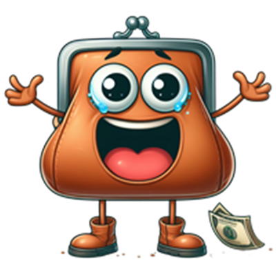 En sød, glad tegneseriefigur af en pung med store øjne og en dollar seddel ved siden af.