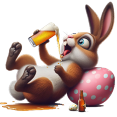 En tegnet kanin, der afslappet drikker øl og ligger ved et farverigt påskeæg.
