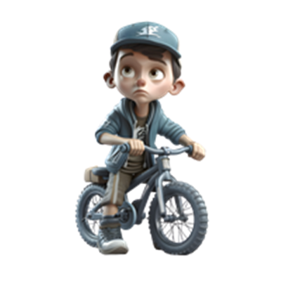 En ung dreng sidder på sin cykel, iført en cap og afslappet tøj, med et tænksomt udtryk.