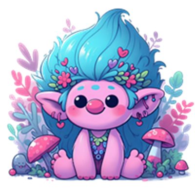 En sød, farverig trold med blå hår og blomsterkrans, omgivet af svampe og planter.