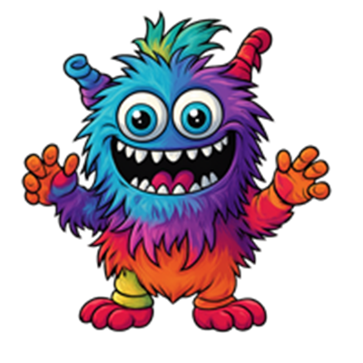 Et sødt, farverigt monster med store øjne og glade ansigtstræk.