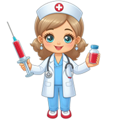 En tegneseriefigur af en sygeplejerske, der holder en sprøjte og en medicinflaske.