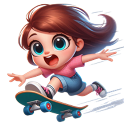 En glad, animeret pige, der skater på en skateboard og ser ud til at have det sjovt.