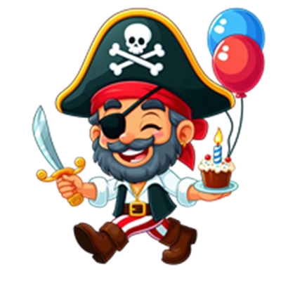 En glad pirat i festligt humør, der holder en kage med lys og balloner.