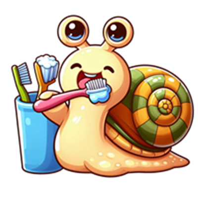 En glad, tegnet snegl, der børster tænder med en tandbørste og står ved en beholder med flere tandbørster.
