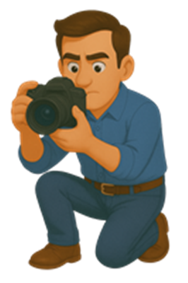 En mand knæler og tager billeder med et kamera, iført en blå skjorte og jeans.