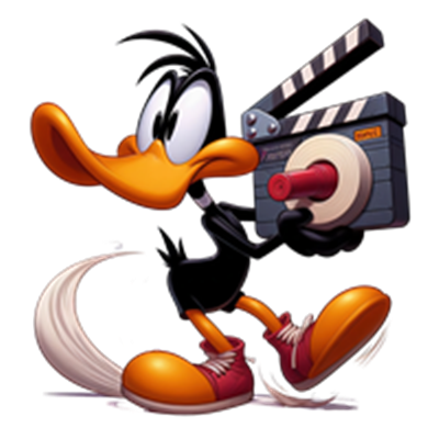 En tegneserieand holder et filmkamera, klar til at optage.