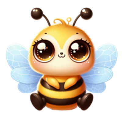 En farverig og nuttet bi med store øjne og glitrende vinger, der sidder og smiler.