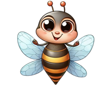 En tegnet bi med en glad ansigtsudtryk, stribede krop og gennemsigtige vinger.