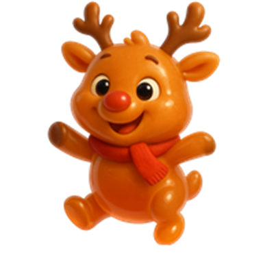 En sød og farverig rensdyrfigur med et stort smil, der bærer et halstørklæde.