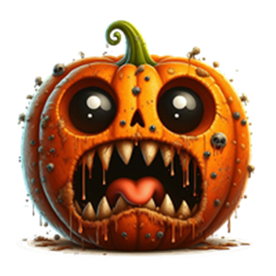 Et uhyggeligt græskar med store øjne, skarpe tænder og en skræmmende grimasse.