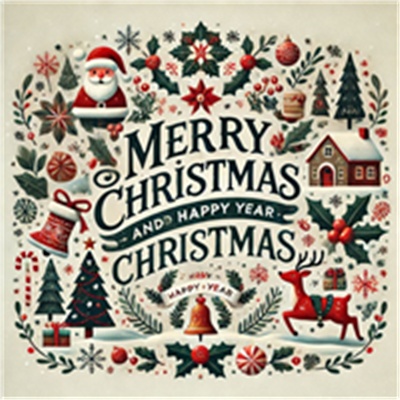 Farverig illustration med julemotiver som nisser, juletræer og gaver.