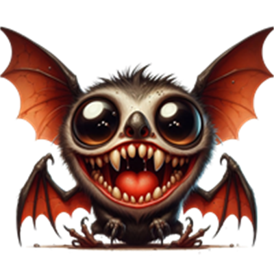 Et nuttet flagermusvæsen med store øjne og en bredt smilende mund, der ser venligt ud.