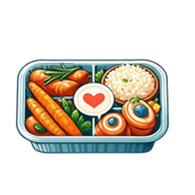 En illustreret madpakke med gulerødder, ris og små ruller, prydet med et hjerte.