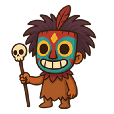 En tegneserieagtig figur iført en farverig maske og holding en stav med et skelet.