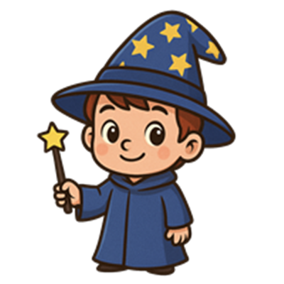 En glad dreng iført en blå troldmandskappe og hat med stjerner, holder en stjerneformet stav.