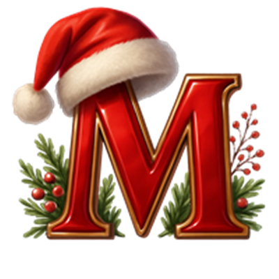 Et stort rødt bogstav M iført en nissehue, omgivet af julegrønt og bær.