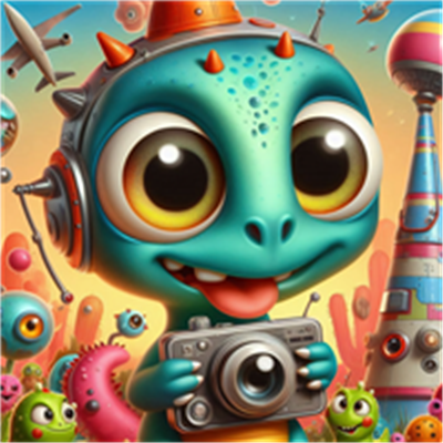 En sød, farverig drage med store øjne og hovedtelefoner, der holder et kamera i en fantasifuld verden.