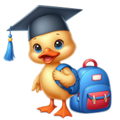 En sød and med studentereksamen hat og en rygsæk, klar til skole.