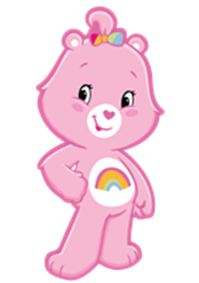 En farverig og venlig pink bjørn med en regnbue på maven og en sløjfe i håret.