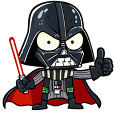 En tegneserieversion af en ikonisk sci-fi skurk med lyssværd og tommel op.