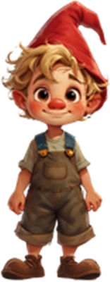 En sød, ung dreng iført en rød nissehue og overalls, der smiler venligt.