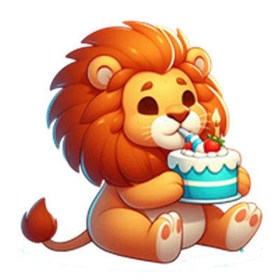 En sød, tegneserieagtig løve sidder og holder en farverig fødselsdagskage.