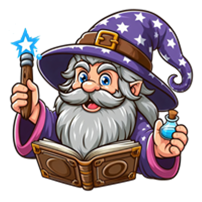 En glad troldmand med langt gråt skæg, iført en stjerneprydet hat, holder en tryllestav og en bog.