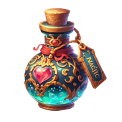 En smukt dekoreret flaske med magisk væske og et hjerte, perfekt til eventyr.