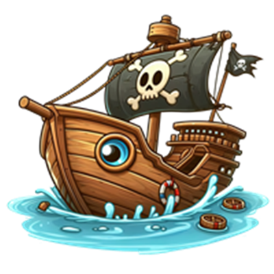Et farverigt piratskib med et dødningehovedflag, der sejler gennem bølger.