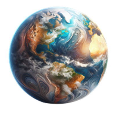 En kunstnerisk fremstilling af Jorden, der viser dens farverige overflade og atmosfære.