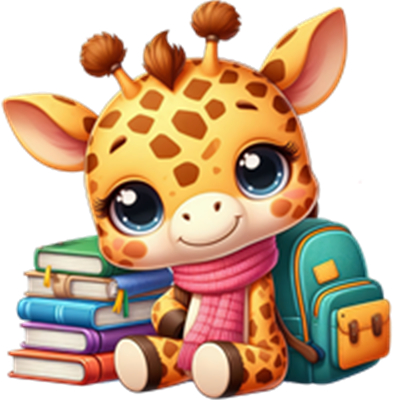 En nuttet giraf med store øjne, iført et tørklæde, sidder blandt bøger og en rygsæk.