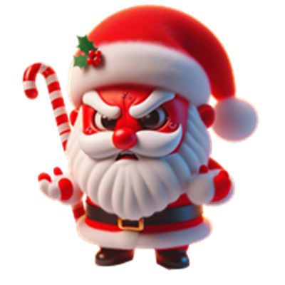 En cartoon-agtig julemand med en vred udtryk, iført traditionelt juleoutfit.