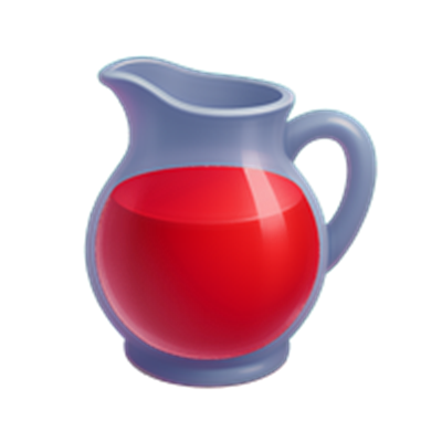 En blå kande fyldt med rød væske, der ligner saft.