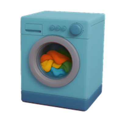 En moderne vaskemaskine i blå farve med farverigt tøj indeni.