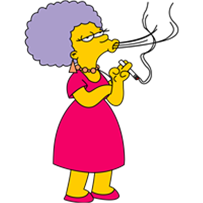 En tegneseriefigur med lilla hår og en pink kjole, der står med en pen.