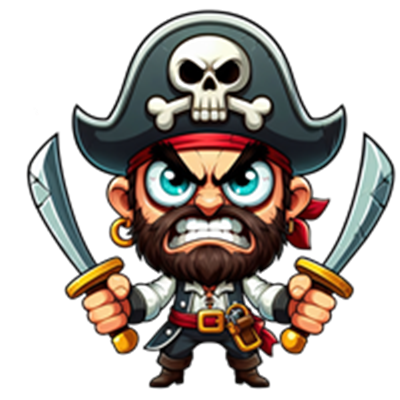 En tegneserie-pirat med skæg, øjenkontakt og to sværd, iført en karakteristisk hat.