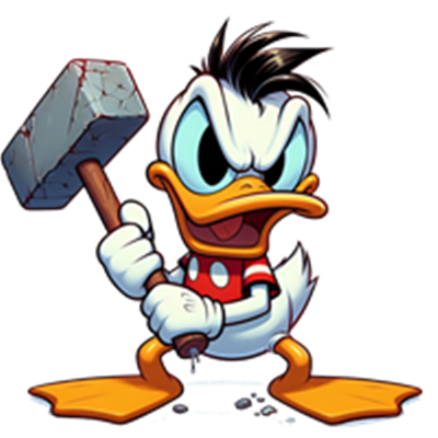 En tegneseriefigur af en and med en hammer, der ser vred ud.