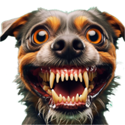 Et billede af en hund med en usædvanlig stor mund og skarpe tænder, der ser ud til at smile.