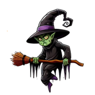 En tegnet grøn heks iført en sort kappe og en sort hat, der holder en kost.